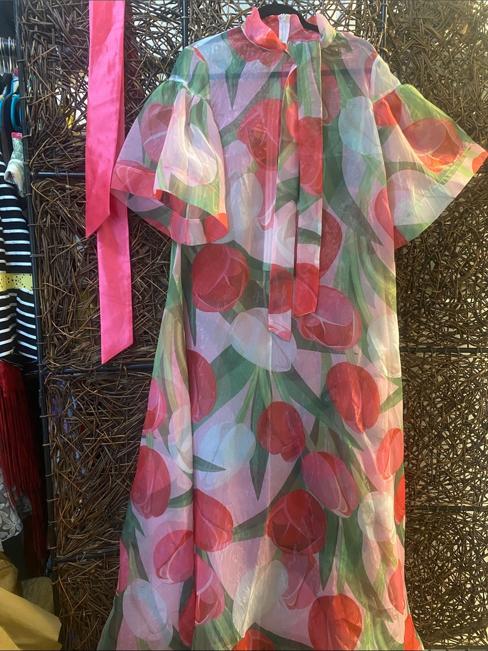 Floral Tulip Print Maxi Dress in Pink and Green